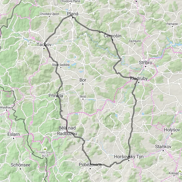 Mapa miniatúra "Kruhová cyklistická trasa kolem Horšovského Týna - Road" cyklistická inšpirácia v Jihozápad, Czech Republic. Vygenerované cyklistickým plánovačom trás Tarmacs.app