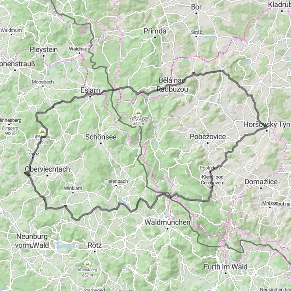 Miniaturní mapa "Zámky a kopce okolo Horšovského Týna" inspirace pro cyklisty v oblasti Jihozápad, Czech Republic. Vytvořeno pomocí plánovače tras Tarmacs.app