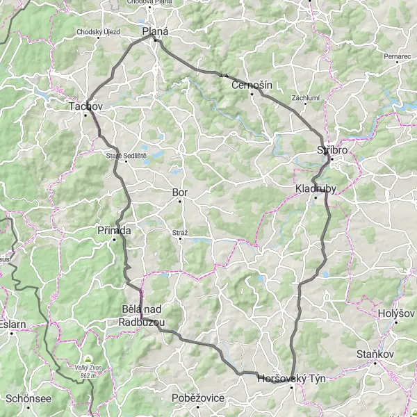 Map miniature of "Panoramic Road Cycling Adventure" cycling inspiration in Jihozápad, Czech Republic. Generated by Tarmacs.app cycling route planner