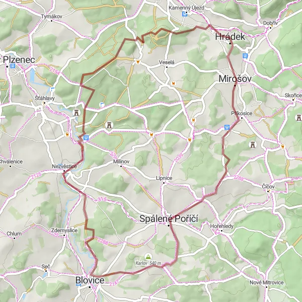 Map miniature of "Gravel Route to Hrádek" cycling inspiration in Jihozápad, Czech Republic. Generated by Tarmacs.app cycling route planner