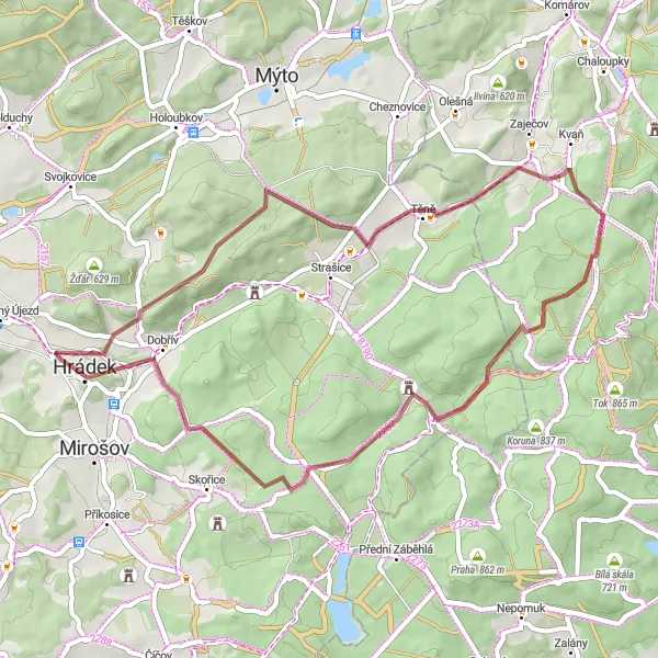 Mapa miniatúra "Gravelová trasa kolem Hrádku" cyklistická inšpirácia v Jihozápad, Czech Republic. Vygenerované cyklistickým plánovačom trás Tarmacs.app