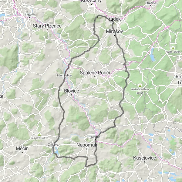 Miniaturní mapa "Okružní cyklotrasa u Hrádku" inspirace pro cyklisty v oblasti Jihozápad, Czech Republic. Vytvořeno pomocí plánovače tras Tarmacs.app