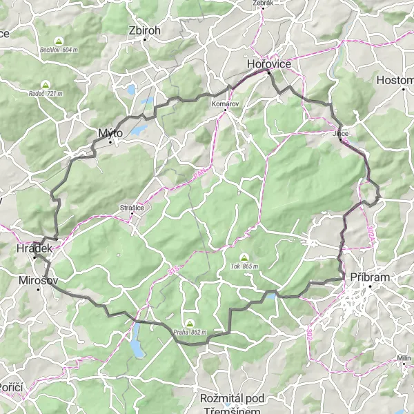 Mapa miniatúra "Cyklistická trasa s 1359 m prevýšením a 87 km vzdialenosťou" cyklistická inšpirácia v Jihozápad, Czech Republic. Vygenerované cyklistickým plánovačom trás Tarmacs.app