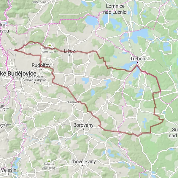 Miniaturní mapa "Gravelová výzva skrz Hrdějovice" inspirace pro cyklisty v oblasti Jihozápad, Czech Republic. Vytvořeno pomocí plánovače tras Tarmacs.app