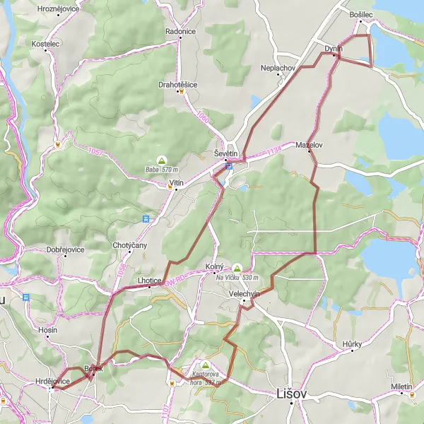 Map miniature of "The Velechvín Trail" cycling inspiration in Jihozápad, Czech Republic. Generated by Tarmacs.app cycling route planner