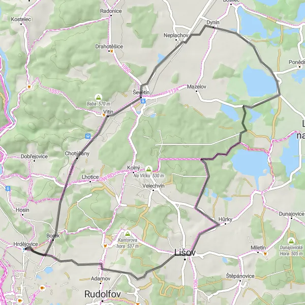 Miniaturní mapa "Okruh kolem Hrdějovic a Lišova" inspirace pro cyklisty v oblasti Jihozápad, Czech Republic. Vytvořeno pomocí plánovače tras Tarmacs.app