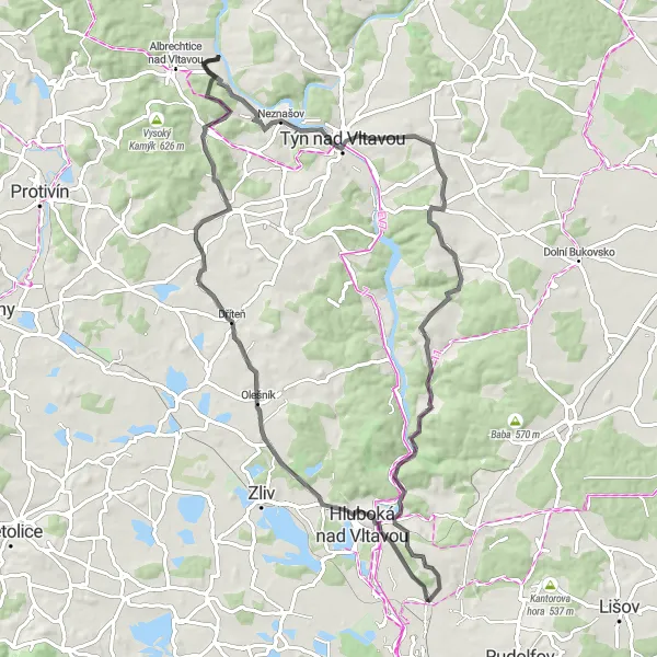 Miniaturní mapa "Cyklovýlet směrem kolem Olešníku a Zámku Neznašov" inspirace pro cyklisty v oblasti Jihozápad, Czech Republic. Vytvořeno pomocí plánovače tras Tarmacs.app