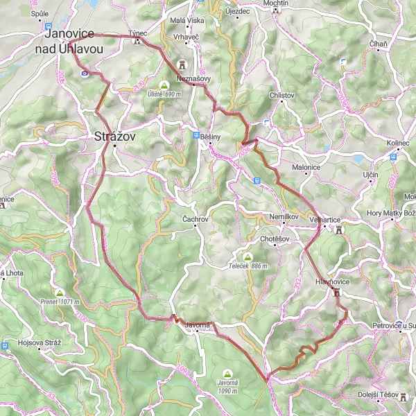 Map miniature of "Gravel Route to Úliště and Háj" cycling inspiration in Jihozápad, Czech Republic. Generated by Tarmacs.app cycling route planner