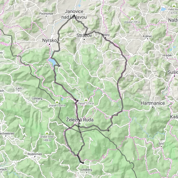 Map miniature of "Road Cycling Adventure from Janovice nad Úhlavou to Dešenice" cycling inspiration in Jihozápad, Czech Republic. Generated by Tarmacs.app cycling route planner