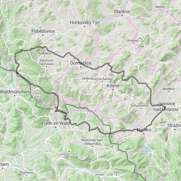 Map miniature of "The Majestic Hills of Janovice nad Úhlavou" cycling inspiration in Jihozápad, Czech Republic. Generated by Tarmacs.app cycling route planner