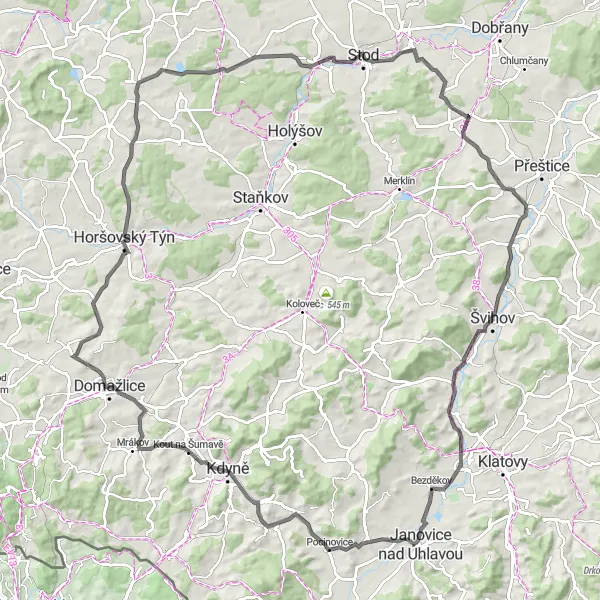 Mapa miniatúra "Road Route to Zámek Veselí" cyklistická inšpirácia v Jihozápad, Czech Republic. Vygenerované cyklistickým plánovačom trás Tarmacs.app