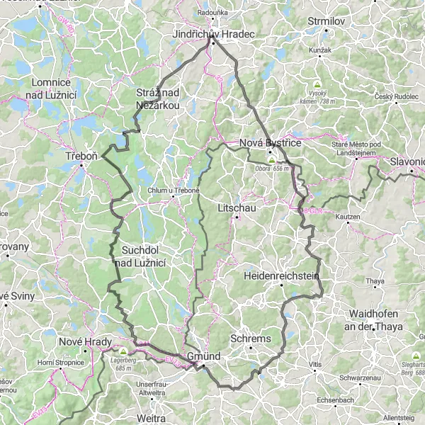 Mapa miniatúra "Road výlet kolem Jindřichova Hradce" cyklistická inšpirácia v Jihozápad, Czech Republic. Vygenerované cyklistickým plánovačom trás Tarmacs.app
