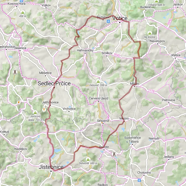 Mapa miniatúra "Gravelová trasa cez Sedlec-Prčice" cyklistická inšpirácia v Jihozápad, Czech Republic. Vygenerované cyklistickým plánovačom trás Tarmacs.app