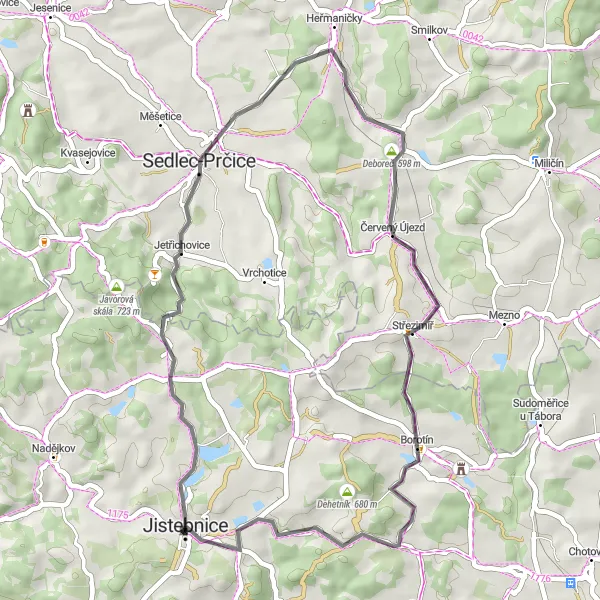Mapa miniatúra "Krátka trasa s výhľadmi na Borotín" cyklistická inšpirácia v Jihozápad, Czech Republic. Vygenerované cyklistickým plánovačom trás Tarmacs.app