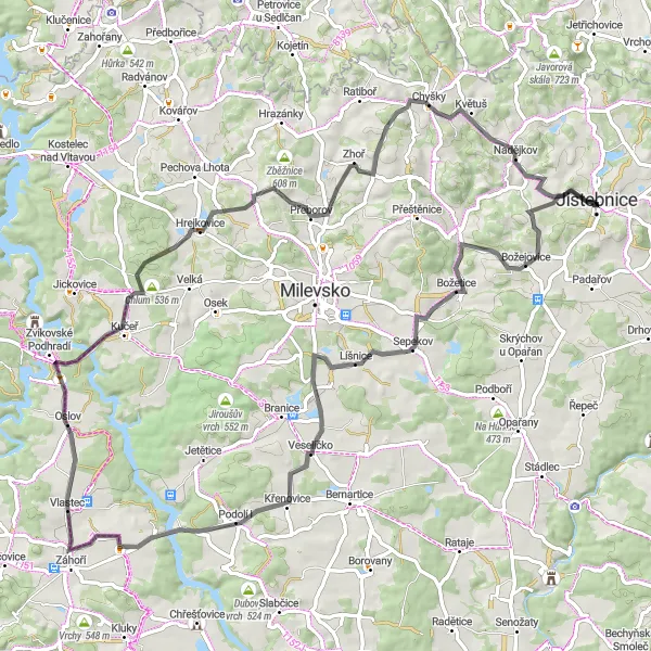 Map miniature of "Chlum and Zvěstonín Loop" cycling inspiration in Jihozápad, Czech Republic. Generated by Tarmacs.app cycling route planner