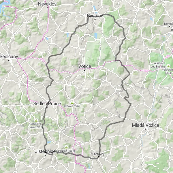 Mapa miniatúra "Prírodou Divišovice a Líšna" cyklistická inšpirácia v Jihozápad, Czech Republic. Vygenerované cyklistickým plánovačom trás Tarmacs.app
