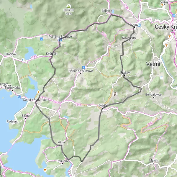 Mapa miniatúra "Okruh na cestných bicykloch" cyklistická inšpirácia v Jihozápad, Czech Republic. Vygenerované cyklistickým plánovačom trás Tarmacs.app