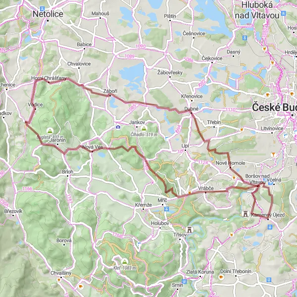 Miniaturní mapa "Gravelový okruh přes Kluk a Vráže" inspirace pro cyklisty v oblasti Jihozápad, Czech Republic. Vytvořeno pomocí plánovače tras Tarmacs.app