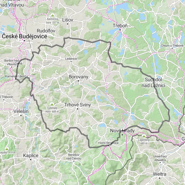 Mapa miniatúra "Cestovanie cez južné Čechy" cyklistická inšpirácia v Jihozápad, Czech Republic. Vygenerované cyklistickým plánovačom trás Tarmacs.app