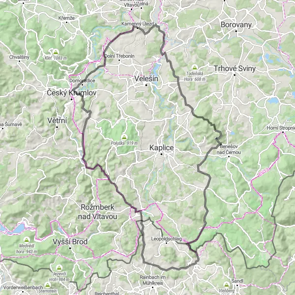 Mapa miniatúra "Jihozápadní kruhová cesta kolem Kamenného Újezdu" cyklistická inšpirácia v Jihozápad, Czech Republic. Vygenerované cyklistickým plánovačom trás Tarmacs.app