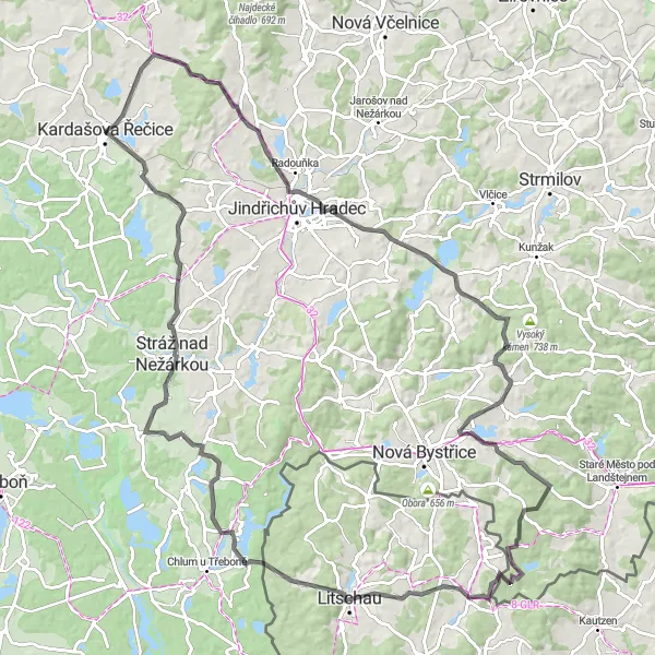 Karten-Miniaturansicht der Radinspiration "Epische Radtour durch Kardašova Řečice, Čihadlo und Mirochov" in Jihozápad, Czech Republic. Erstellt vom Tarmacs.app-Routenplaner für Radtouren