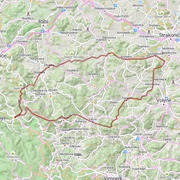 Miniaturní mapa "Gravelová cesta plná zákoutí" inspirace pro cyklisty v oblasti Jihozápad, Czech Republic. Vytvořeno pomocí plánovače tras Tarmacs.app