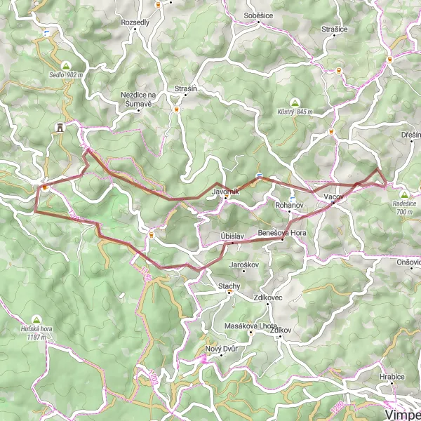 Mapa miniatúra "Gravelový okruh Vacov" cyklistická inšpirácia v Jihozápad, Czech Republic. Vygenerované cyklistickým plánovačom trás Tarmacs.app