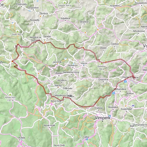 Miniatura mapy "Wycieczka rowerowa przez urocze wsie i górskie szlaki" - trasy rowerowej w Jihozápad, Czech Republic. Wygenerowane przez planer tras rowerowych Tarmacs.app