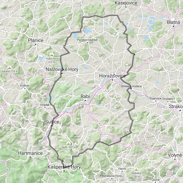 Mapa miniatúra "Road Horažďovice Loop" cyklistická inšpirácia v Jihozápad, Czech Republic. Vygenerované cyklistickým plánovačom trás Tarmacs.app