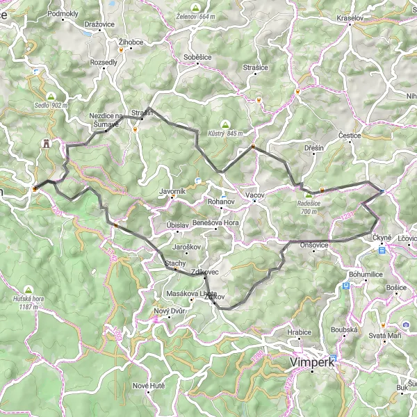 Map miniature of "Scenic Countryside Road Loop" cycling inspiration in Jihozápad, Czech Republic. Generated by Tarmacs.app cycling route planner