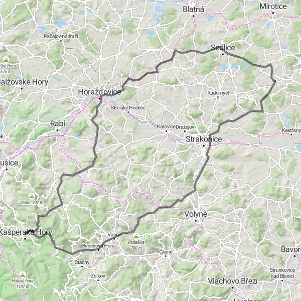 Map miniature of "Charming Countryside Road Adventure" cycling inspiration in Jihozápad, Czech Republic. Generated by Tarmacs.app cycling route planner