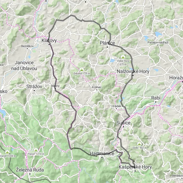 Mapa miniatúra "Výzva kolem Kašperských Hor - silnice" cyklistická inšpirácia v Jihozápad, Czech Republic. Vygenerované cyklistickým plánovačom trás Tarmacs.app