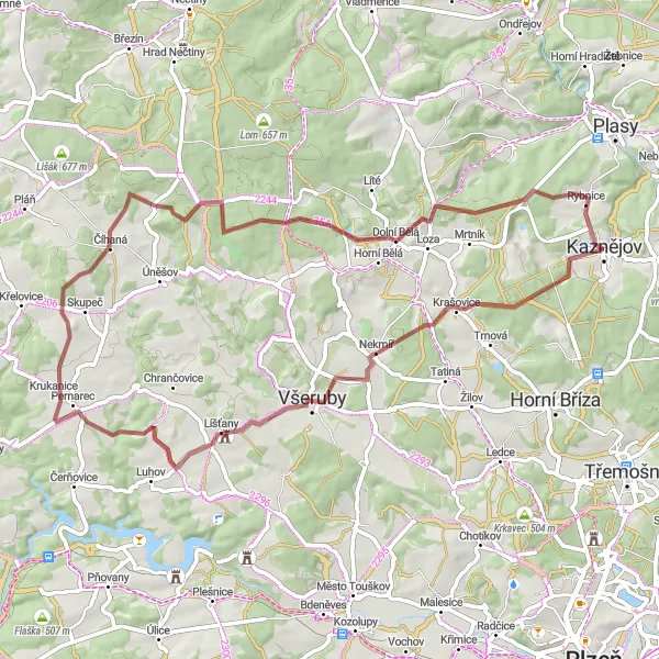 Miniaturní mapa "Gravelová cyklotrasa kolem Kaznějova" inspirace pro cyklisty v oblasti Jihozápad, Czech Republic. Vytvořeno pomocí plánovače tras Tarmacs.app