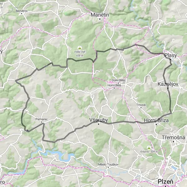 Miniaturní mapa "Podzimní výlet kolem Kaznějova" inspirace pro cyklisty v oblasti Jihozápad, Czech Republic. Vytvořeno pomocí plánovače tras Tarmacs.app