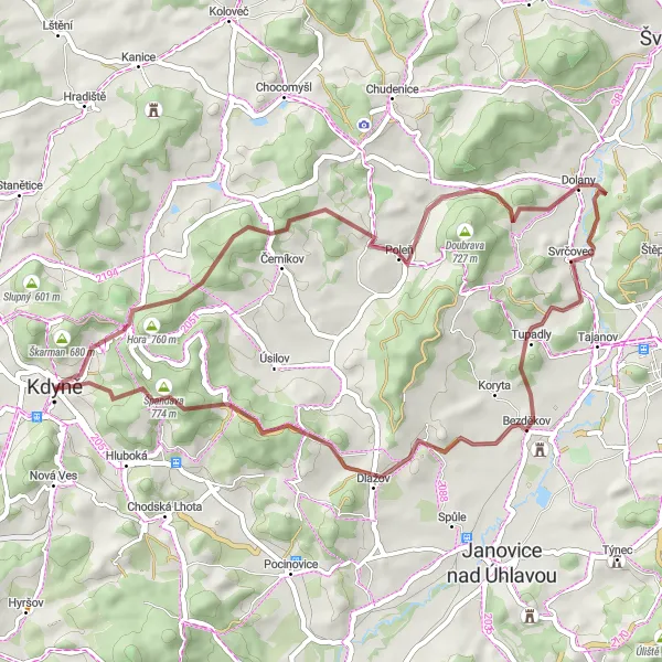 Miniaturní mapa "Okružní cyklistická trasa kolem Kdyně" inspirace pro cyklisty v oblasti Jihozápad, Czech Republic. Vytvořeno pomocí plánovače tras Tarmacs.app