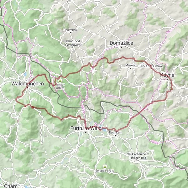 Mapa miniatúra "Extrémní gravelový okruh přes Všeruby" cyklistická inšpirácia v Jihozápad, Czech Republic. Vygenerované cyklistickým plánovačom trás Tarmacs.app