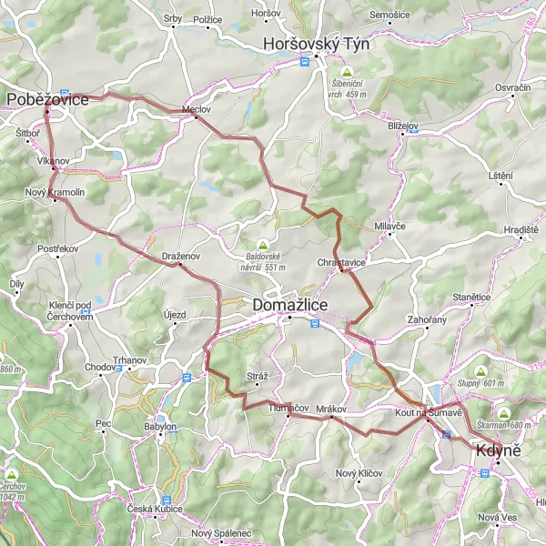 Mapa miniatúra "Gravelový okruh Kout na Šumavě" cyklistická inšpirácia v Jihozápad, Czech Republic. Vygenerované cyklistickým plánovačom trás Tarmacs.app