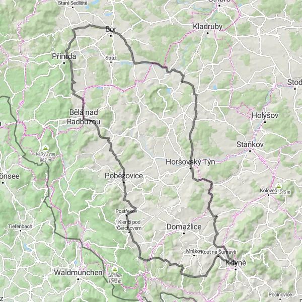 Miniaturní mapa "Okružní cyklistická trasa kolem Kdyně" inspirace pro cyklisty v oblasti Jihozápad, Czech Republic. Vytvořeno pomocí plánovače tras Tarmacs.app