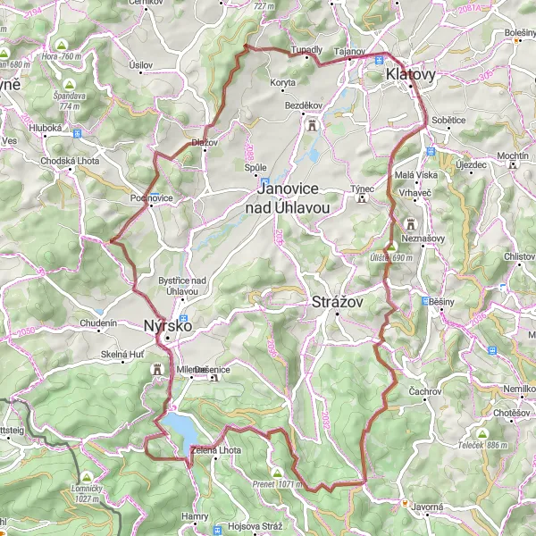 Map miniature of "Gravel Adventure: Klatovy - Tajanov Loop" cycling inspiration in Jihozápad, Czech Republic. Generated by Tarmacs.app cycling route planner