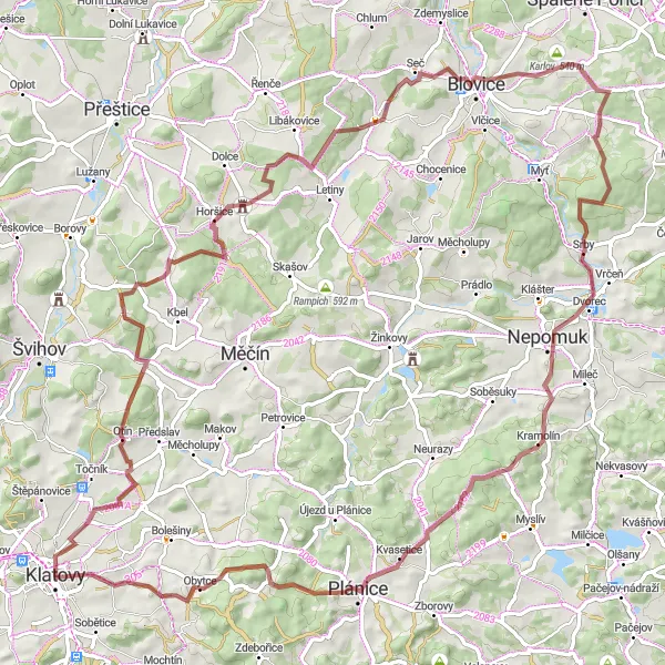 Miniaturní mapa "Gravel Klatovy - Kozlovice" inspirace pro cyklisty v oblasti Jihozápad, Czech Republic. Vytvořeno pomocí plánovače tras Tarmacs.app