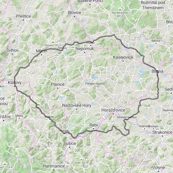 Miniaturní mapa "Okruh kolem Klatov po úpatí Šumavy" inspirace pro cyklisty v oblasti Jihozápad, Czech Republic. Vytvořeno pomocí plánovače tras Tarmacs.app