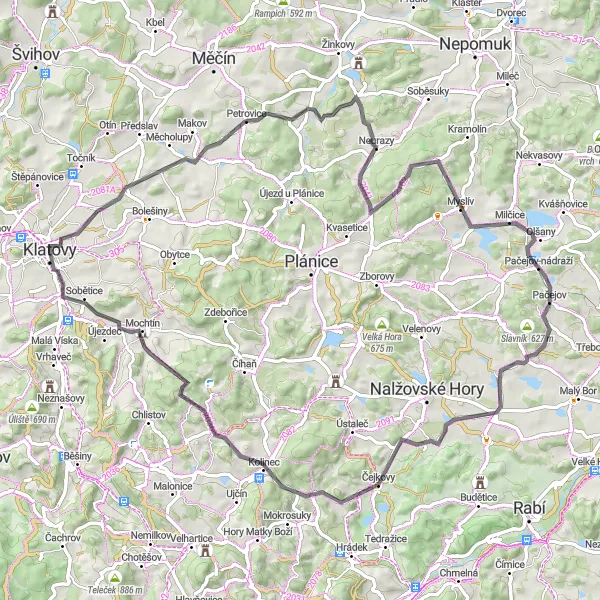 Mapa miniatúra "Road východne od Klatov" cyklistická inšpirácia v Jihozápad, Czech Republic. Vygenerované cyklistickým plánovačom trás Tarmacs.app