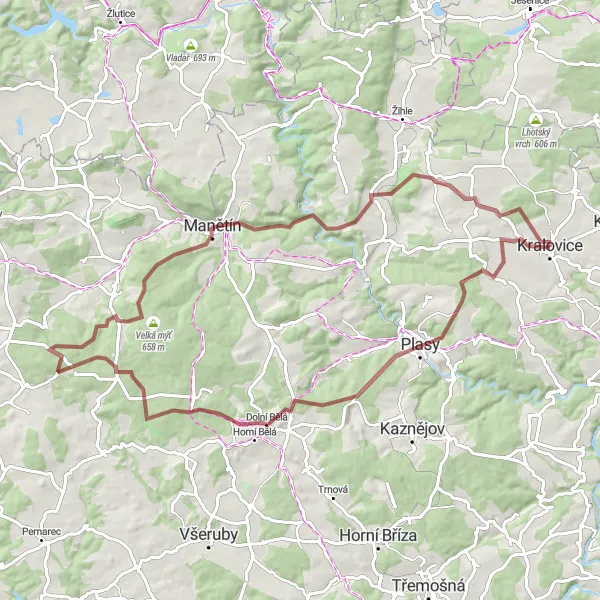 Miniaturní mapa "Gravelový okruh kolem Kralovic" inspirace pro cyklisty v oblasti Jihozápad, Czech Republic. Vytvořeno pomocí plánovače tras Tarmacs.app