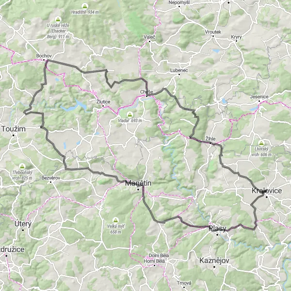Mapa miniatúra "Cyklistická trasa kolem Kralovic" cyklistická inšpirácia v Jihozápad, Czech Republic. Vygenerované cyklistickým plánovačom trás Tarmacs.app