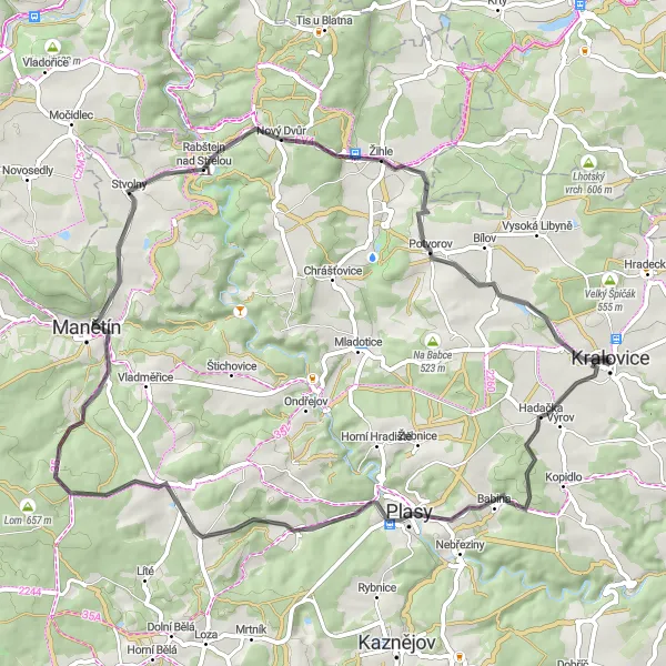 Miniaturní mapa "Cyklo okruh Kralovice - Dražeň - Sedlec" inspirace pro cyklisty v oblasti Jihozápad, Czech Republic. Vytvořeno pomocí plánovače tras Tarmacs.app