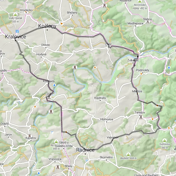 Miniaturní mapa "Okruh kolem Kralovic" inspirace pro cyklisty v oblasti Jihozápad, Czech Republic. Vytvořeno pomocí plánovače tras Tarmacs.app