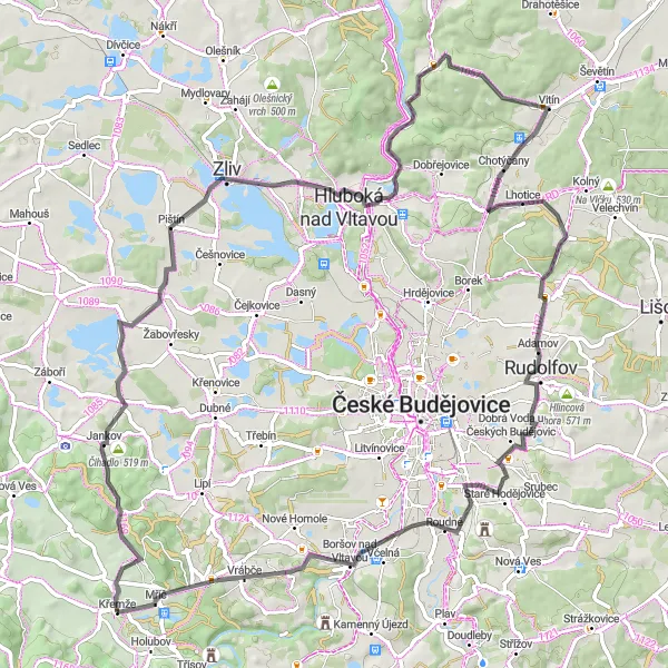 Mapa miniatúra "Road Křemže - Třebiště" cyklistická inšpirácia v Jihozápad, Czech Republic. Vygenerované cyklistickým plánovačom trás Tarmacs.app