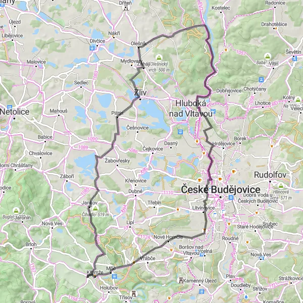 Mapa miniatúra "Road Okolo Pištína" cyklistická inšpirácia v Jihozápad, Czech Republic. Vygenerované cyklistickým plánovačom trás Tarmacs.app