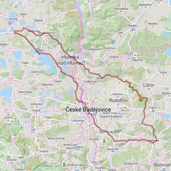 Map miniature of "Charming Gravel Adventure: Ledenice to Vrcov" cycling inspiration in Jihozápad, Czech Republic. Generated by Tarmacs.app cycling route planner