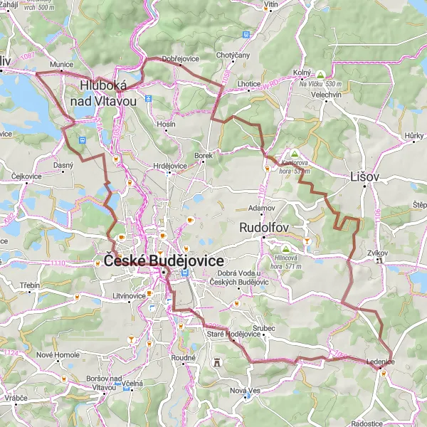 Mapa miniatúra "Gravelová jízda k Hluboké" cyklistická inšpirácia v Jihozápad, Czech Republic. Vygenerované cyklistickým plánovačom trás Tarmacs.app